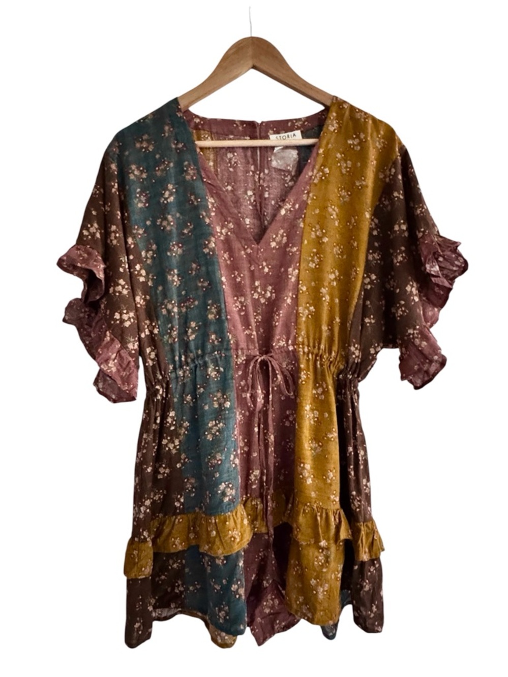 boho patchwork floral romper storia festival prairie earthy